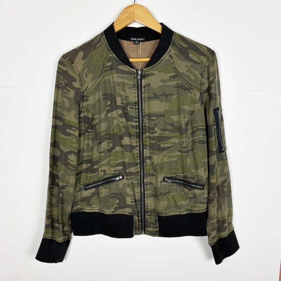 Dear John Casco Camo Bomber Jacket Size Medium Green Black Zip Up Tencel - Picture 7 of 7